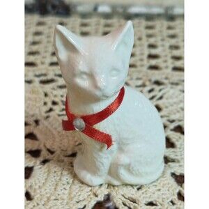Vintage White Porcelain Cat Kitten Figurine Wearing a Red Ribbon w/ Rhinestone